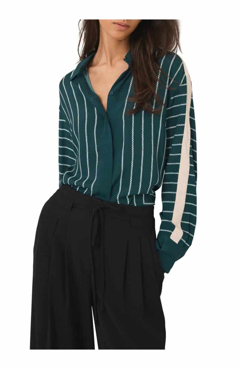 Mint Velvet geometric striped shirt in emerald green.