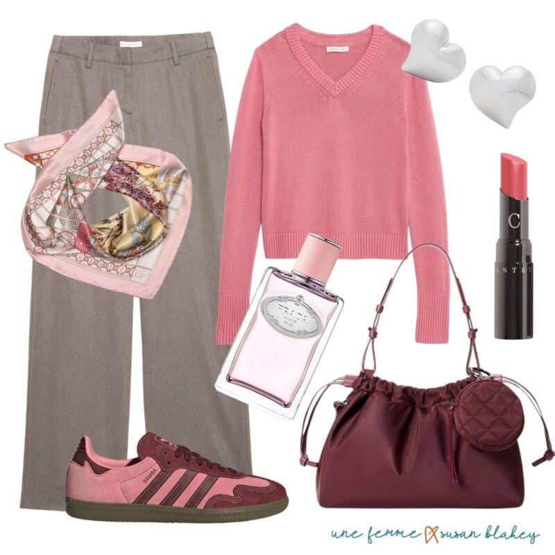Polished casual outfit in pink, burgundy & grey with a wool-free sweater (cotton-silk) wide-leg pants, silk scarf and adidas samba sneakers.