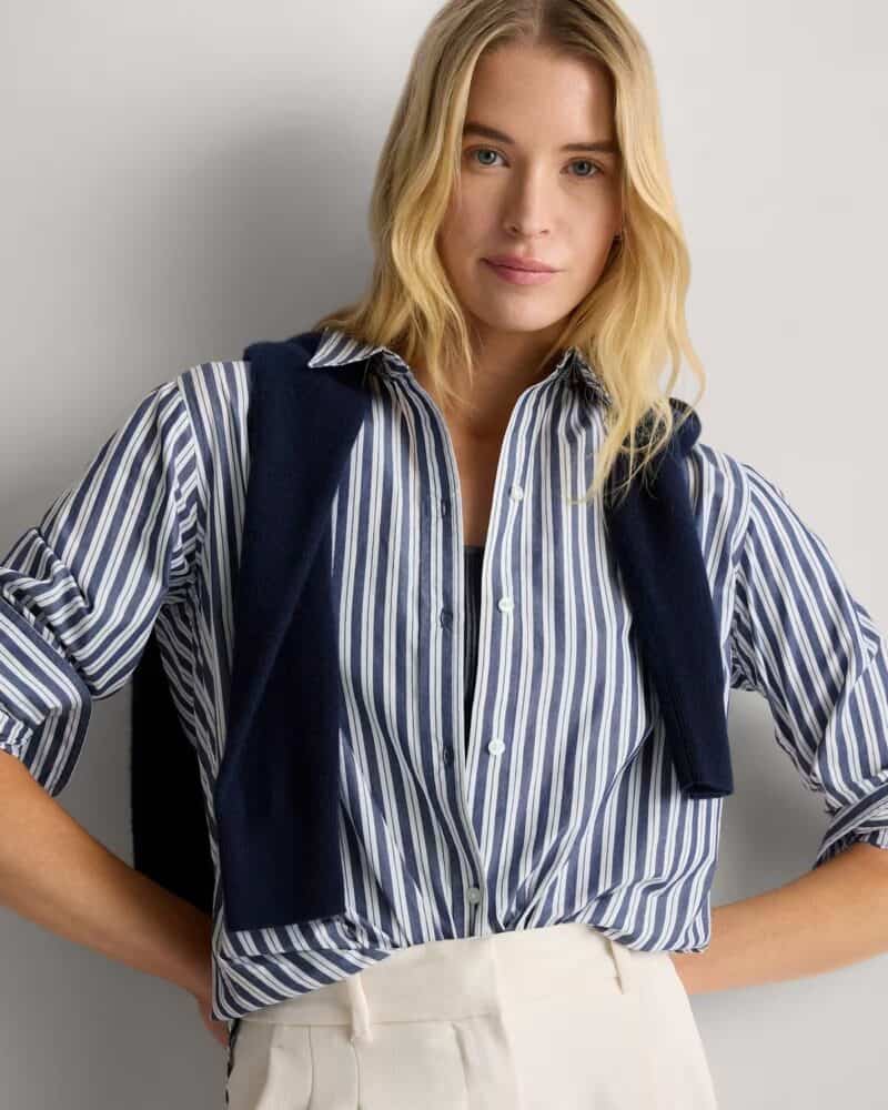 Quince navy and white striped cotton shirt for women.