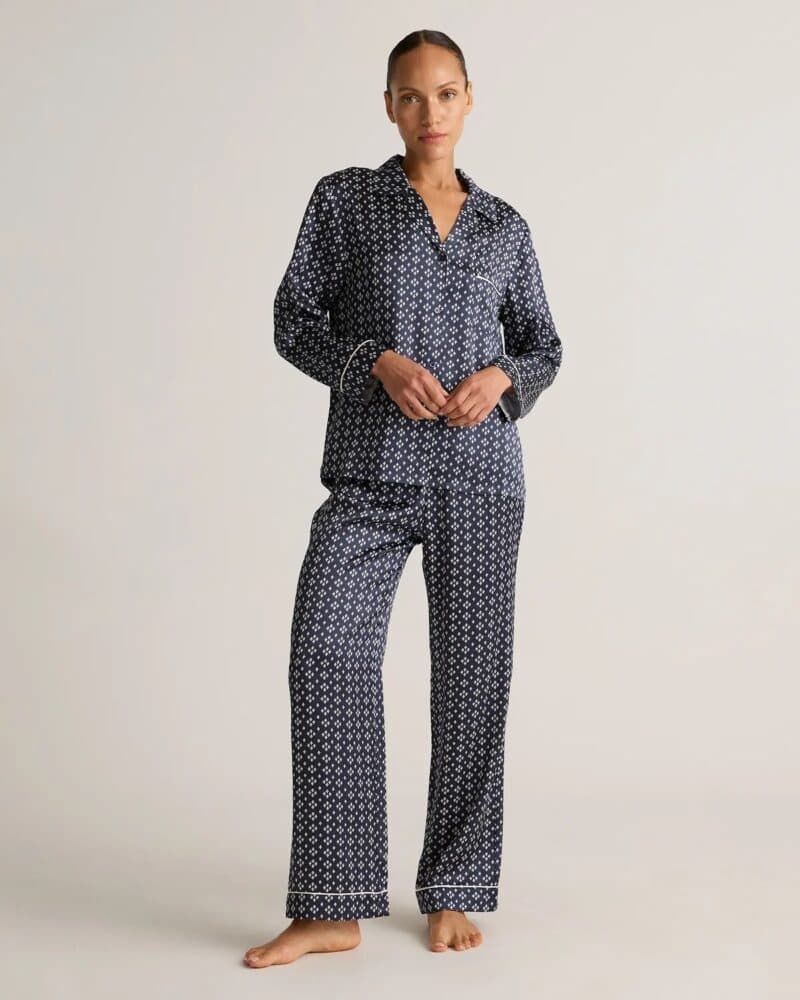 Quince washable silk pajamas in navy/diamond print.