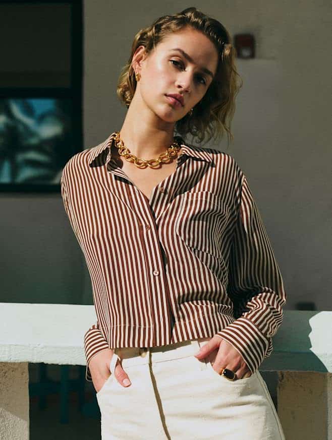 Sezane cropped brown & ecru striped silk shirt