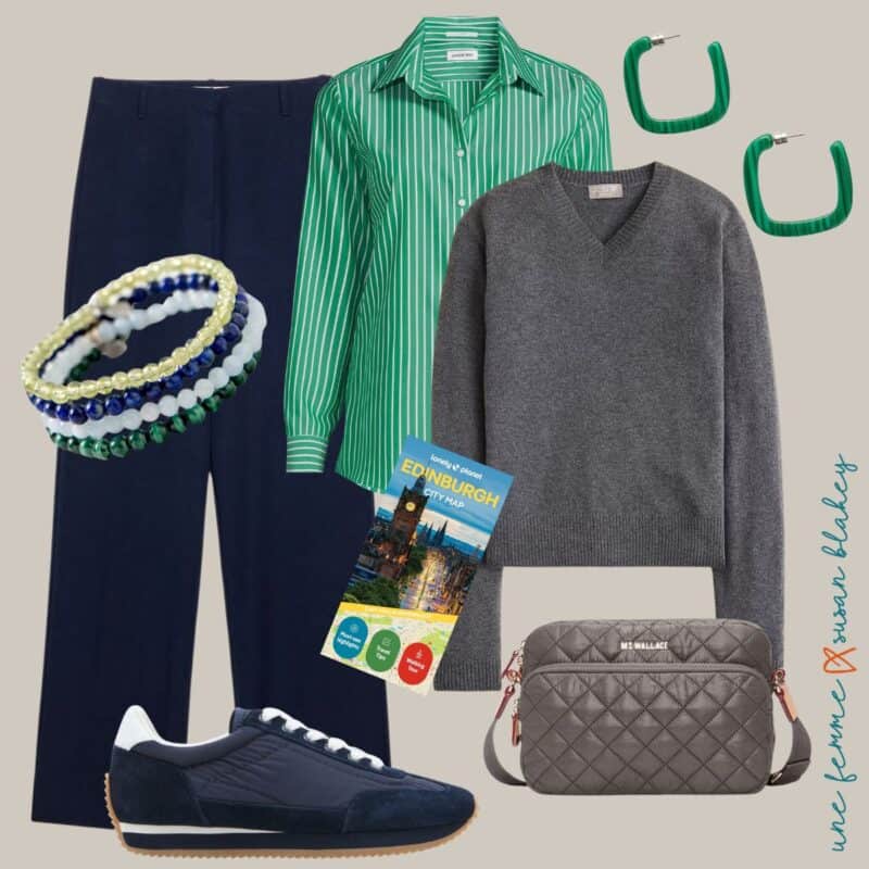 Spring travel outfit idea in a cool palette with navy pants, green striped shirt, gray v-neck cashmere sweater, navy waterproof sneakers, malachite earrings, malachite and blue stone beaded bracelet.