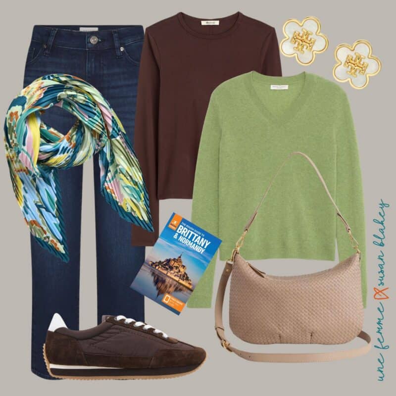 Spring travel outfit idea in a warm palette, with pleated scarf, straight-leg jeans, brown long-sleeve tee, Tory Burch mother-of-pearl earrings, brown waterproof sneakers, taupe woven leather shoulder bag.