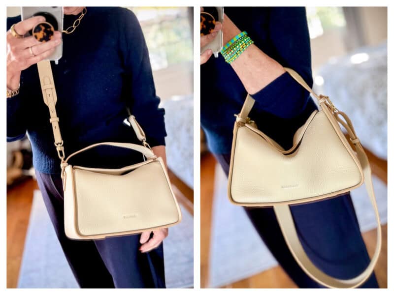 Susan B. wears a Clementine bag from The Horse in oatmeal tumbled leather.