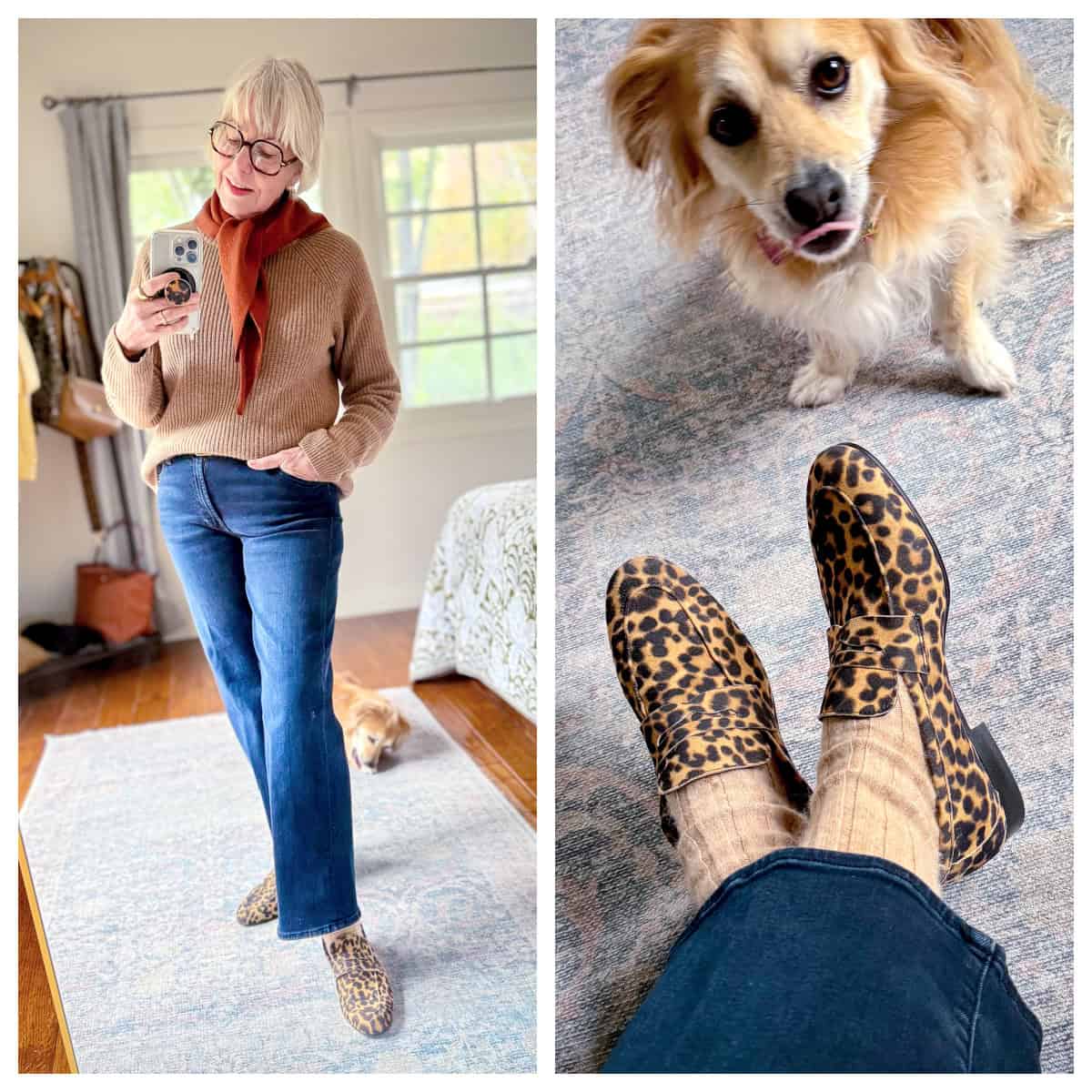 Susan B. wears a classic casual outfit with cashmere fisherman sweater, knit triangle scarf, straight-leg jeans, leopard loafers. Bella (the dog) photobombs.