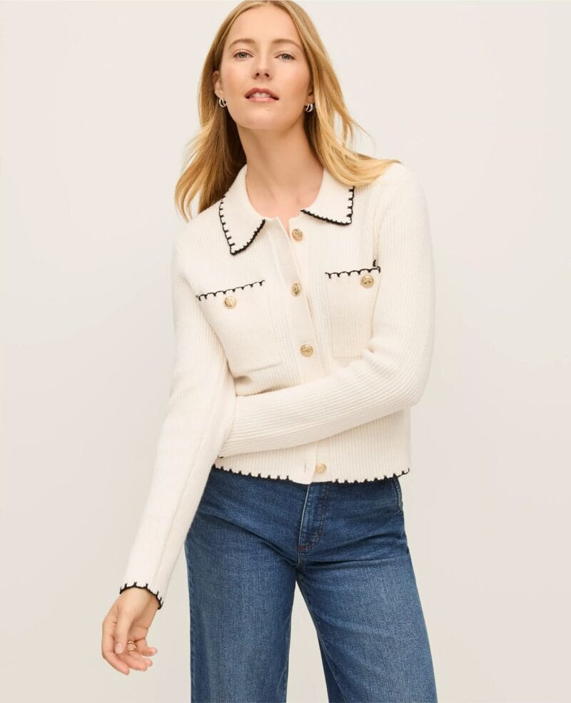 Ann Taylor ribbed cotton blend sweater jacket with contrast trim detail.