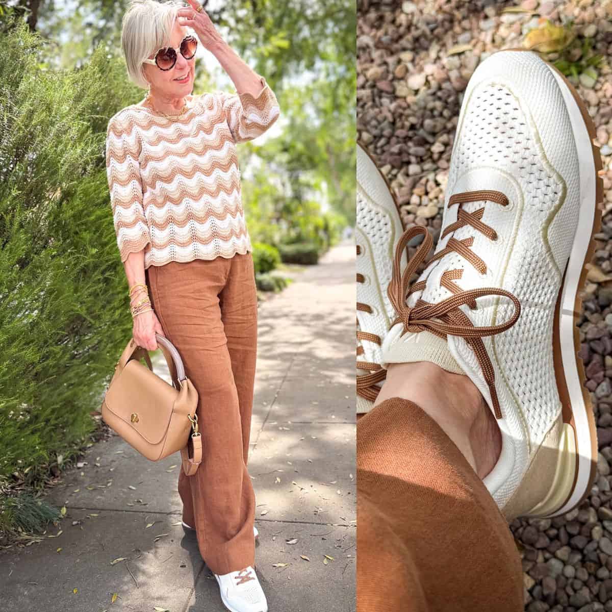 Brunch outfit idea with crochet top, wide-leg linen trousers, and white mesh sneakers with brown laces