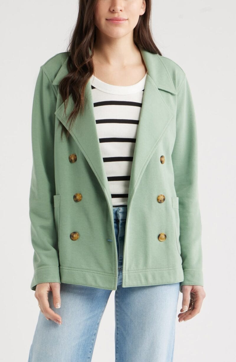 Caslon double-breasted knit blazer sage green