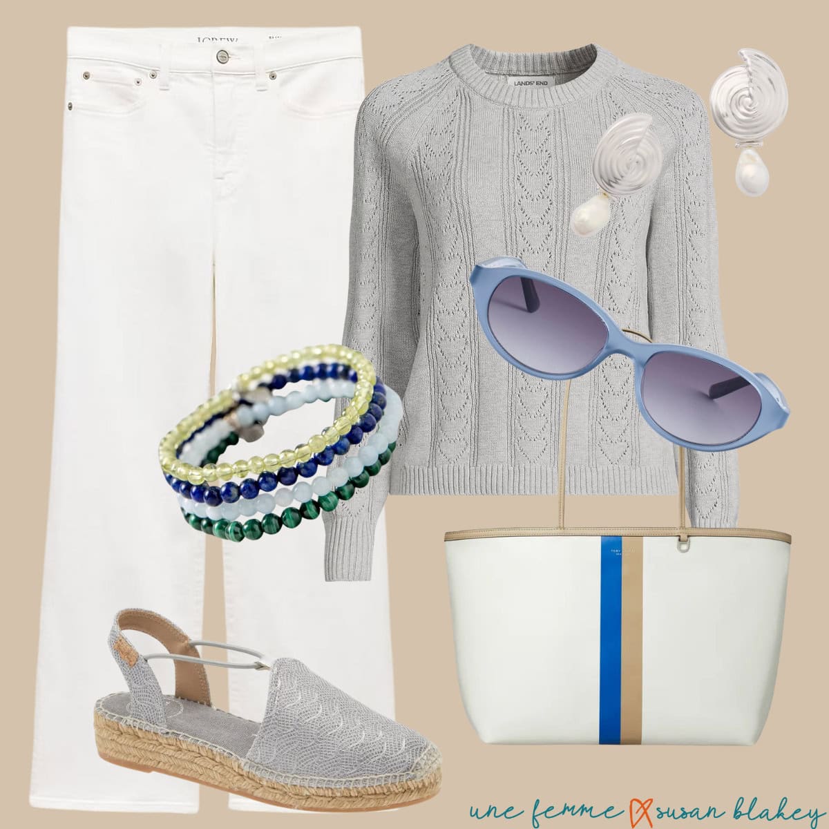 Spring outfit idea in cool neutrals with white jeans, grey cotton sweater, silver and pearl earrings, bead bracelets, silver espadrilles and striped tote.