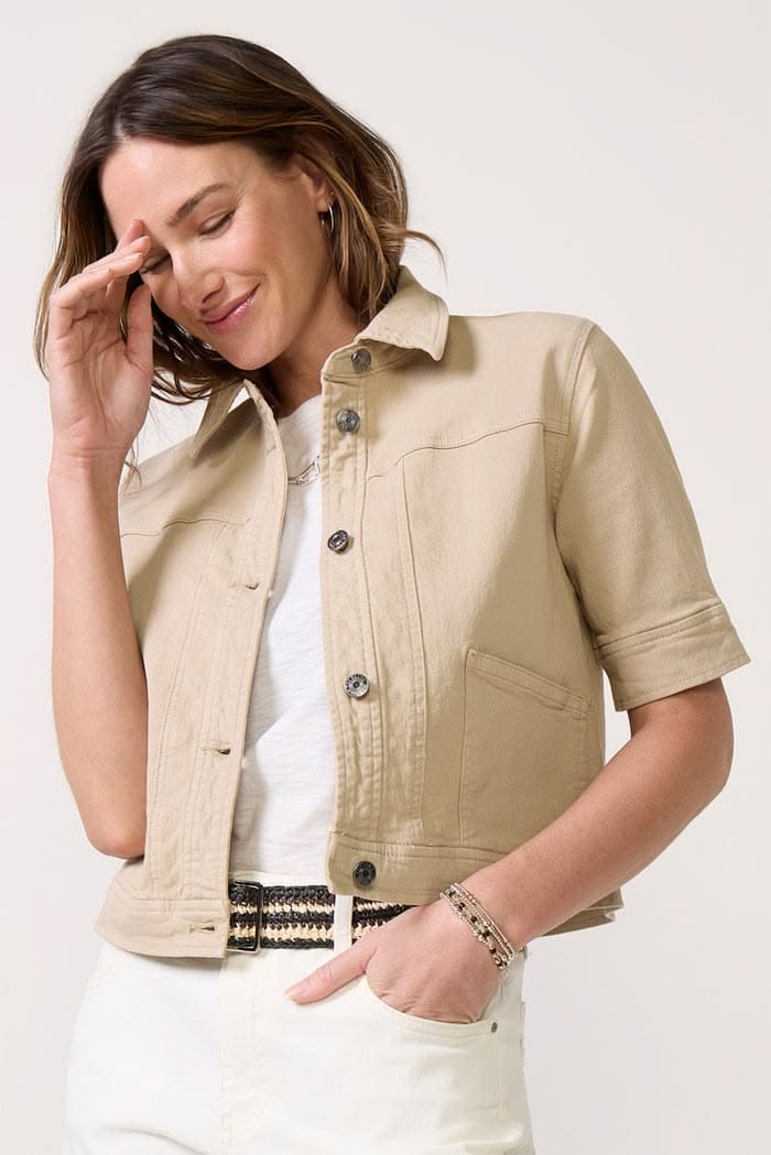 Kut from the Kloth short sleeve denim jacket light beige.