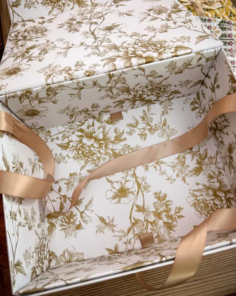 Floral print interior of My French Country Home Box.