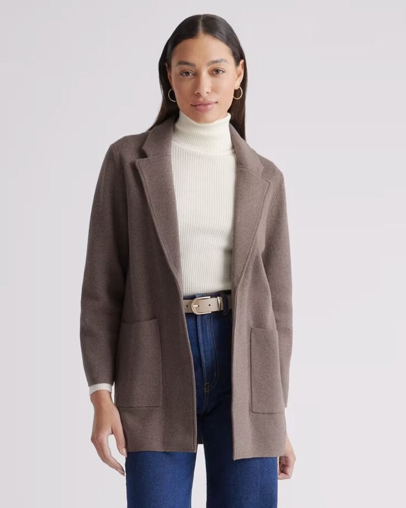 Quince organic cotton knit blazer in taupe.