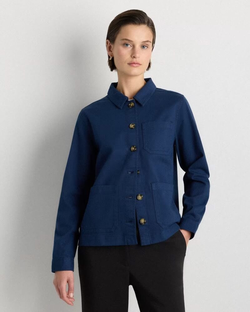 Quince organic cotton stretch chore jacket navy.