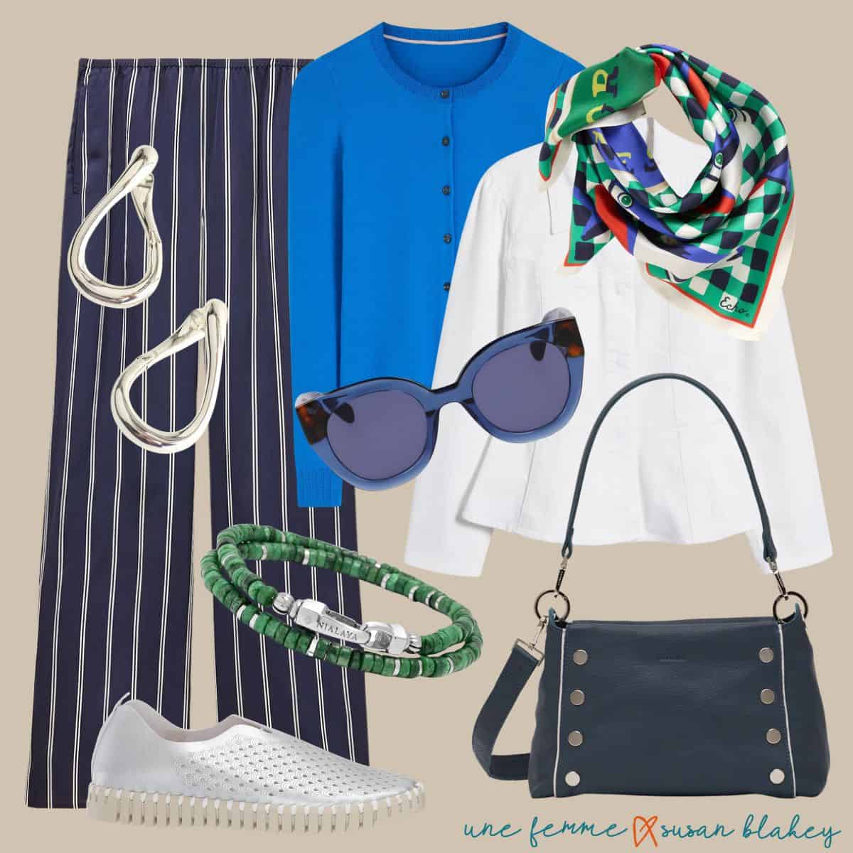 Casual spring outfit idea in Winter palette colors: navy, white, blue, emerald, silver.