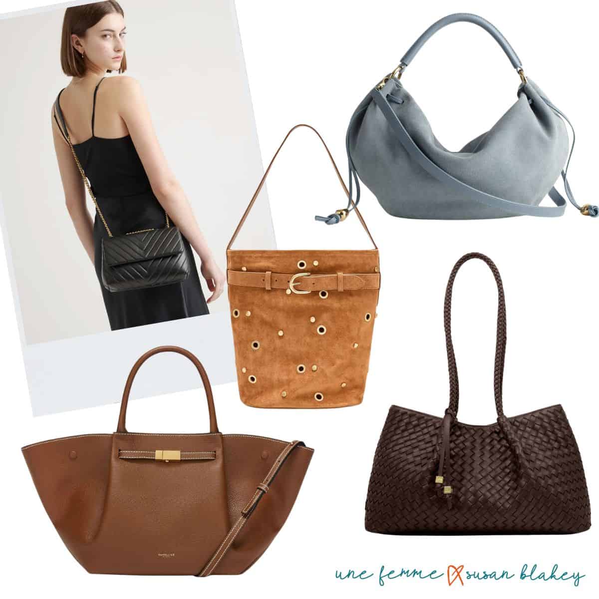 Stylish bags without logos in leather and faux leather.