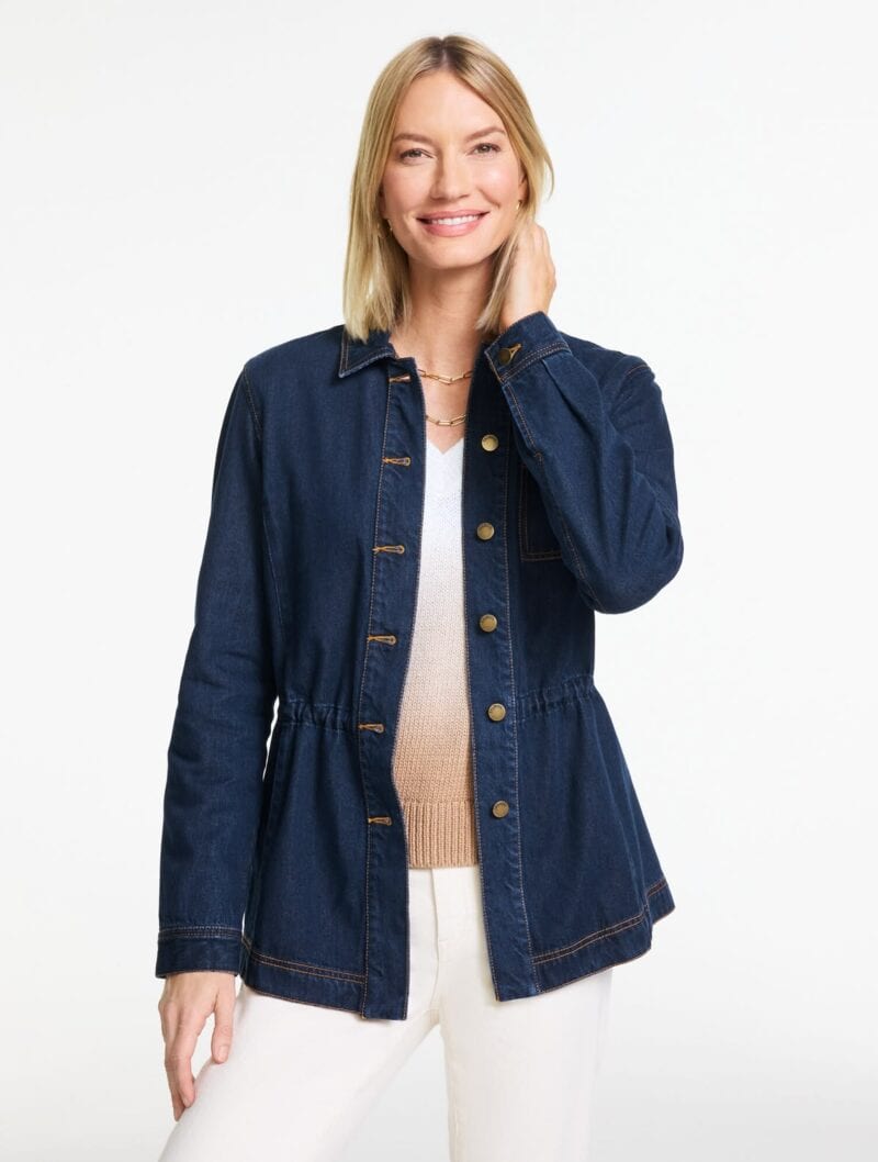 Talbots cinch-waist shirt jacket dark wash.