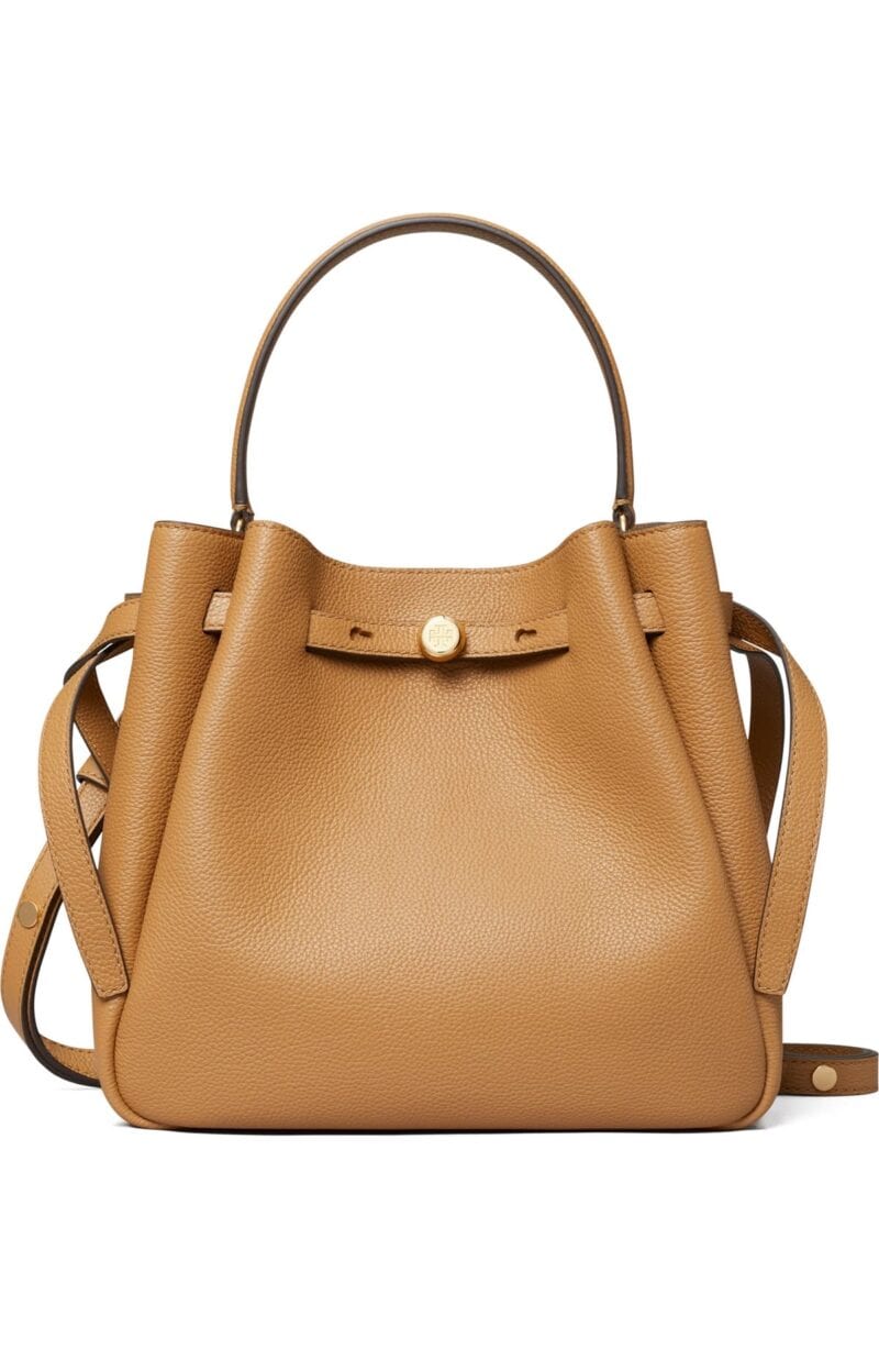 Tory Burch Romy pebbled leather bucket bag.