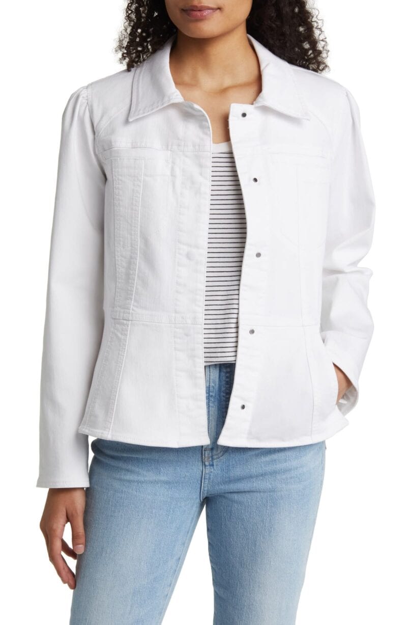 Wit & Wisdom peplum denim jacket in white.