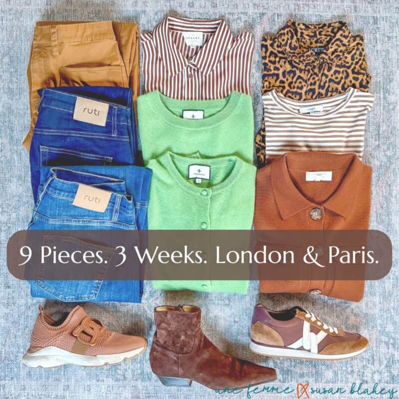 Spring travel capsule wardrobe flatlay arranged on a blue-grey rug. Clothing includes two pairs of Ruti blue jeans, camel-colored trousers, a Sézane brown-and-white striped button-down shirt, a J.Crew leopard-print top, a Vince brown-and-white striped tee, a green button-front cardigan, and a rust-colored knit jacket. Three pairs of shoes are arranged at the bottom: tan Tod's sneakers, brown Veronica Beard lace-up sneakers, and dark brown suede ankle boots.