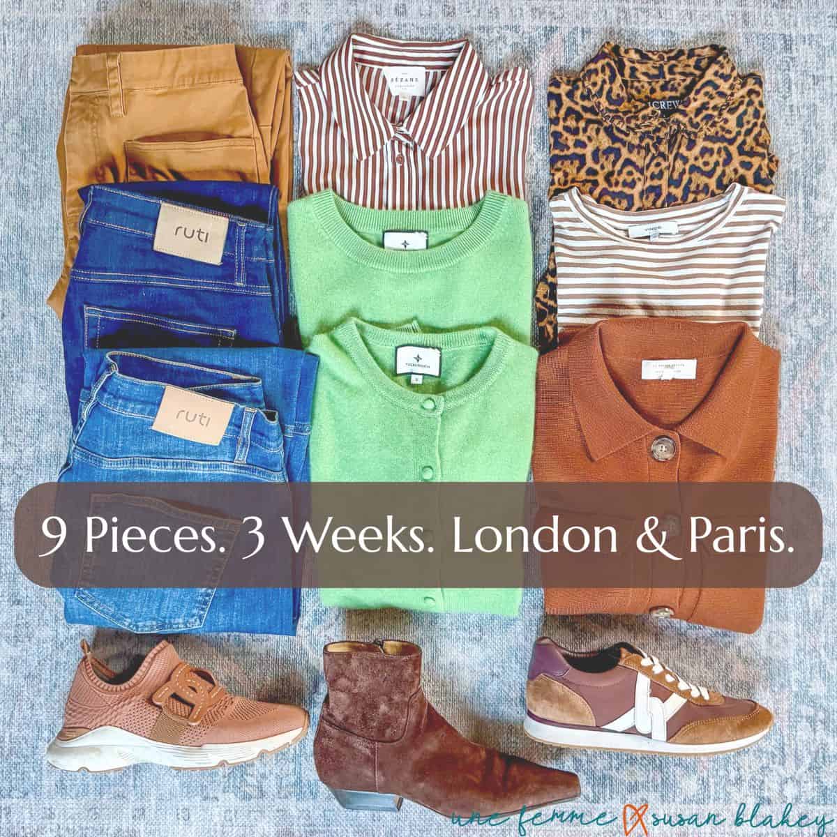 Spring travel capsule wardrobe flatlay arranged on a blue-grey rug. Clothing includes two pairs of Ruti blue jeans, camel-colored trousers, a Sézane brown-and-white striped button-down shirt, a J.Crew leopard-print top, a Vince brown-and-white striped tee, a green button-front cardigan, and a rust-colored knit jacket. Three pairs of shoes are arranged at the bottom: tan Tod's sneakers, brown Veronica Beard lace-up sneakers, and dark brown suede ankle boots.