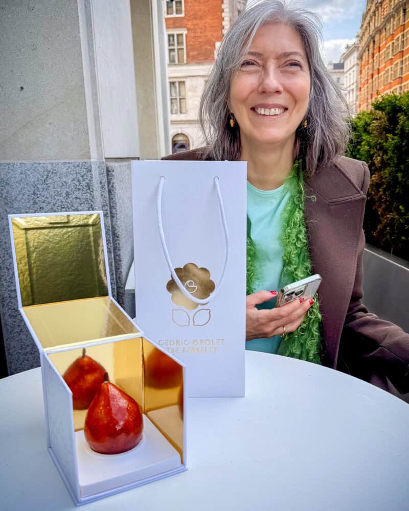 Fancy dessert at Cedric Grolet in London with Tarra Rosenbaum.