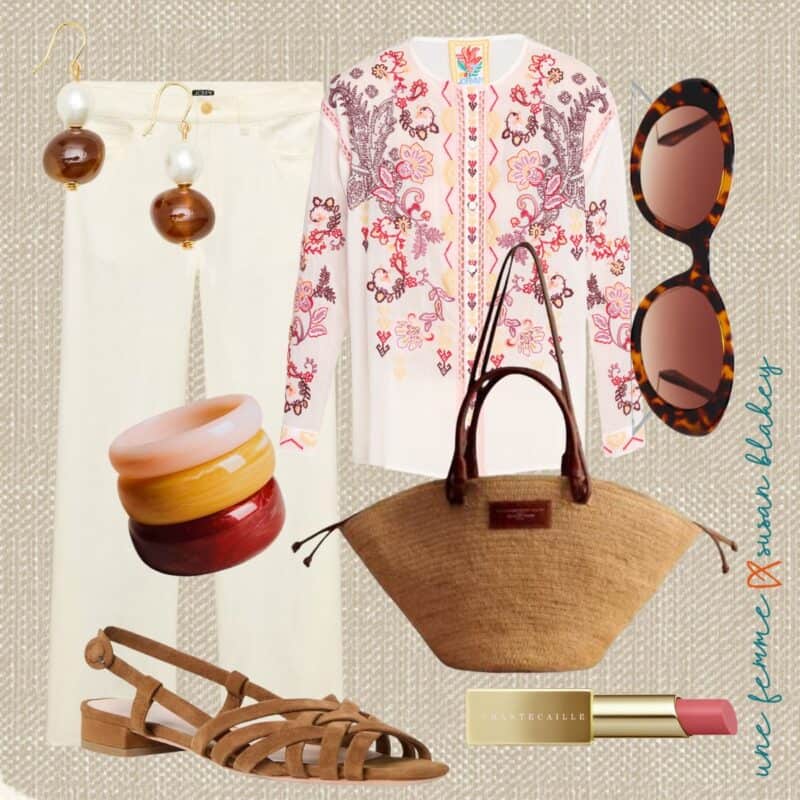 Spring outfit flat lay featuring a white floral print tunic styled with white wide-leg jeans, tan suede strappy sandals, a woven basket tote bag, stacked resin bangles, pearl & stone drop earrings, tortoiseshell sunglasses, and a pink lipstick.