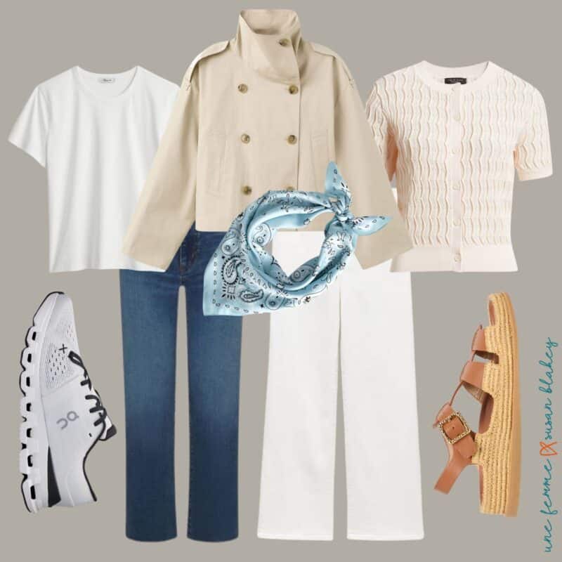 Paris spring style essentials: neutral tones, straight-leg denim, a chic beige jacket, and raffia sandals — key trends spotted on Parisian women this season.