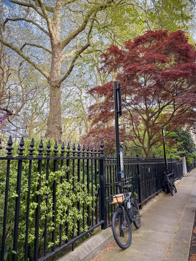 Bicycles chained to a black metal fence on London sidewalk.