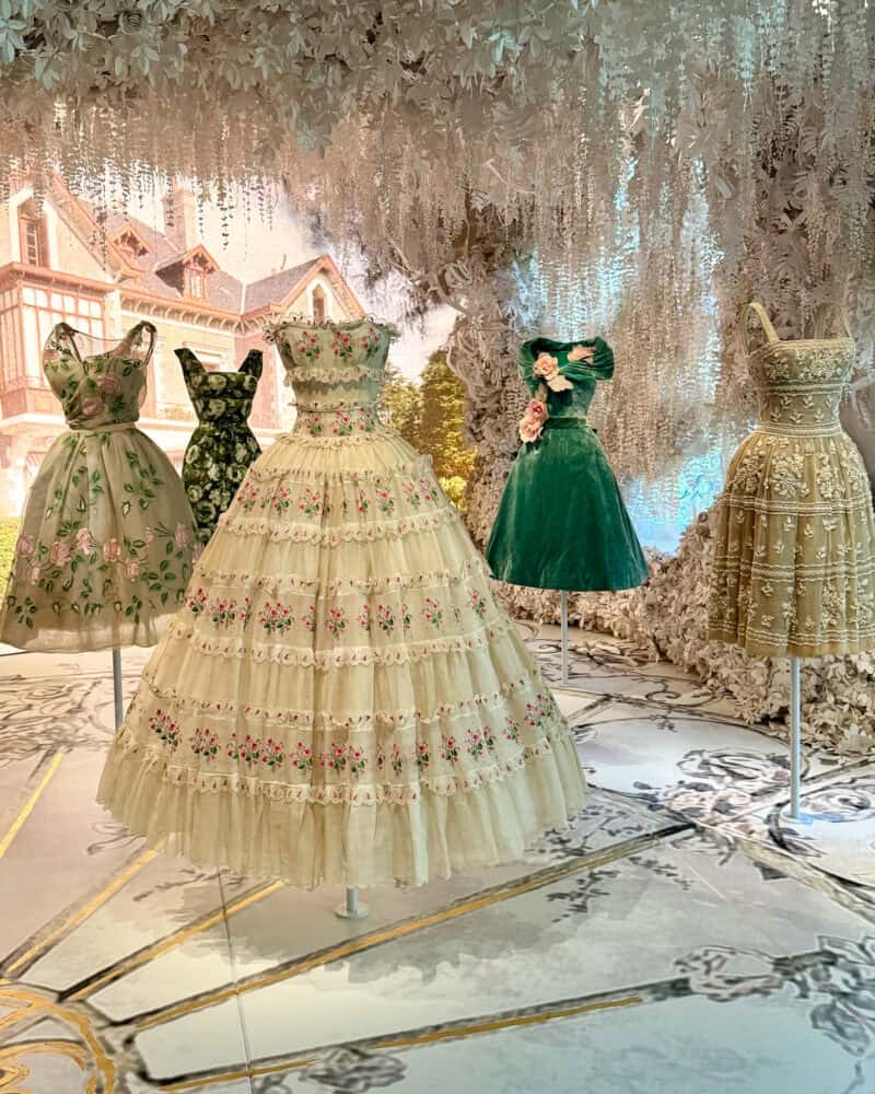 Five garden-inspired gowns from Christian Dior at Dior Museum in Paris.