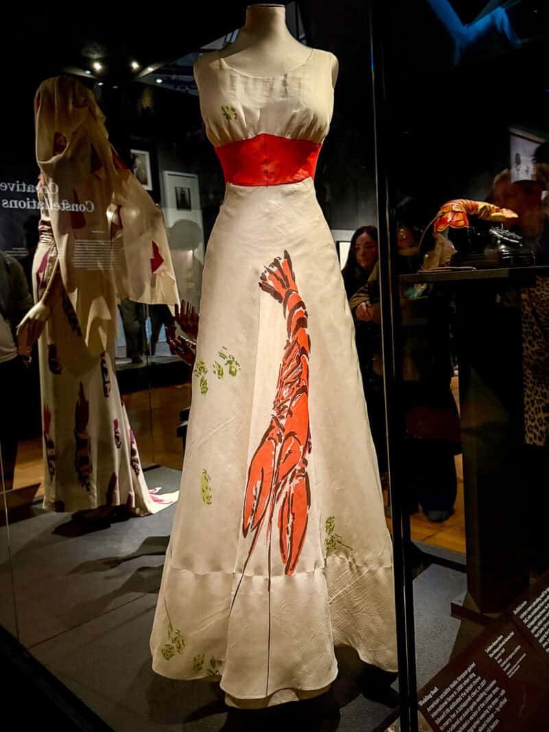 White Schiaparelli gown with lobster print designed by Salvador Dali.