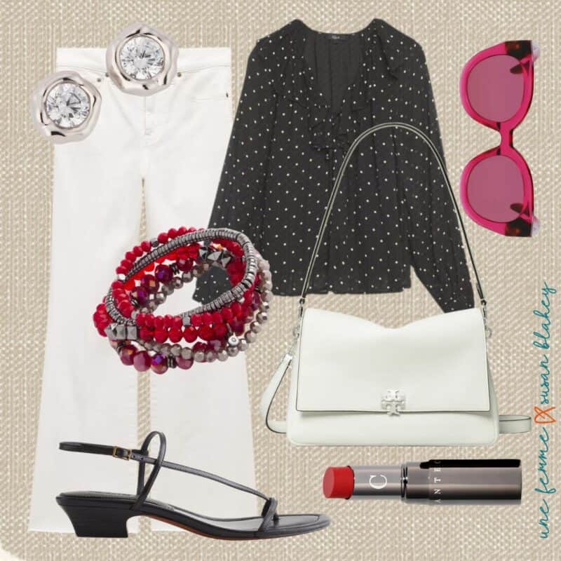 Spring outfit flat lay featuring a black and white polka dot blouse styled with white jeans, black sandals, a white Tory Burch bag, red beaded bracelets, crystal stud earrings, pink sunglasses, and red lipstick.