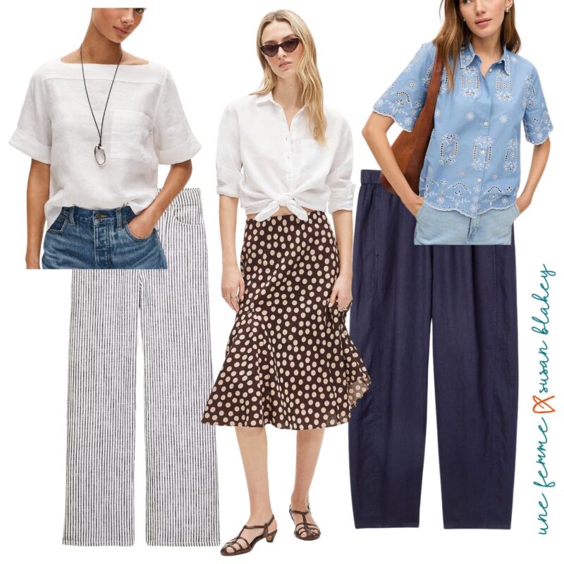 Warm weather travel wardrobe essentials including a white linen top, striped linen pants, polka dot midi skirt, navy stretch pants, and a blue eyelet blouse.