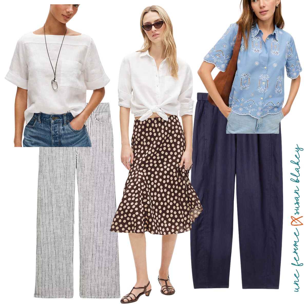 Warm weather travel wardrobe essentials including a white linen top, striped linen pants, polka dot midi skirt, navy stretch pants, and a blue eyelet blouse.