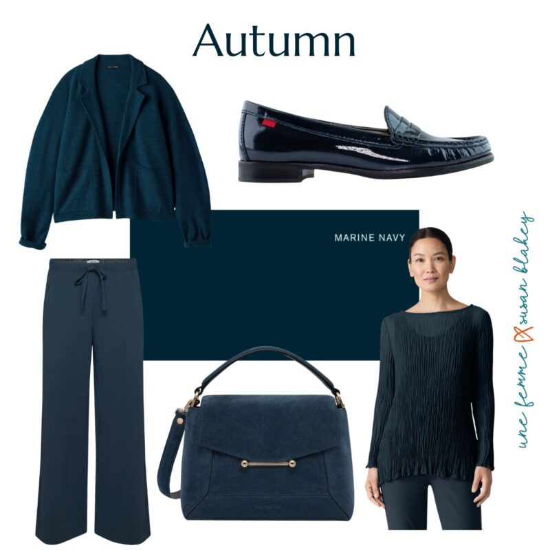 Examples of Marine Navy from the Autumn palette. Jacket, loafers, pants, bag, top.