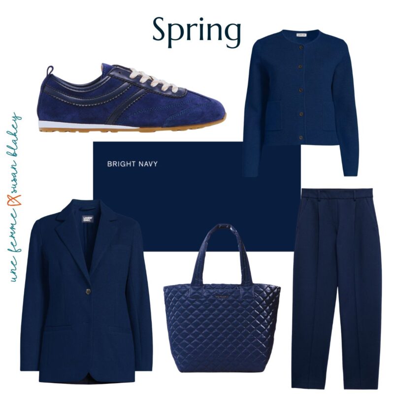 Examples of Bright Navy from the Spring seasonal color palette: sneakers, cardigan, blazer, tote, pants