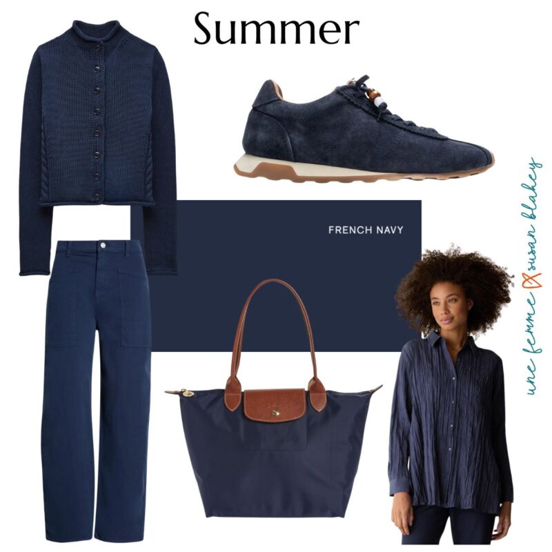 Examples of French Navy from the Summer seasonal color palette: jacket, sneakers, pants, tote, shirt.