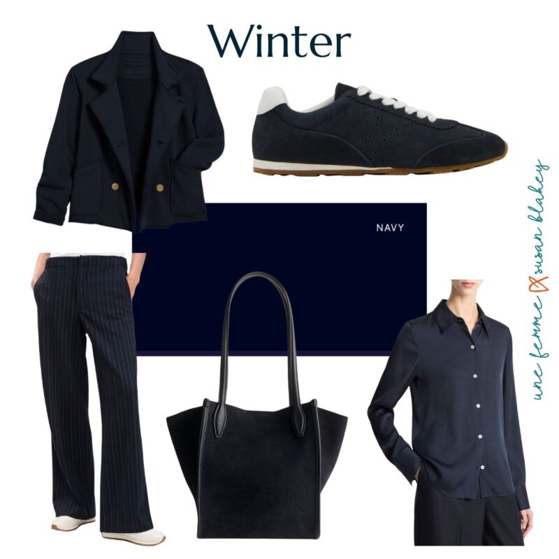Examples of dark Navy from Winter seasonal color palette: jacket, sneakers, trousers, bag, blouse.