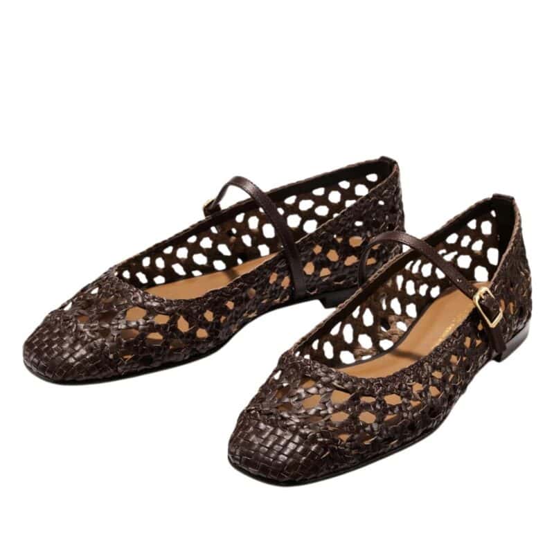 Margaux "Fonteyn Jane" open weave Mary Jane flats in Espresso (dark brown).