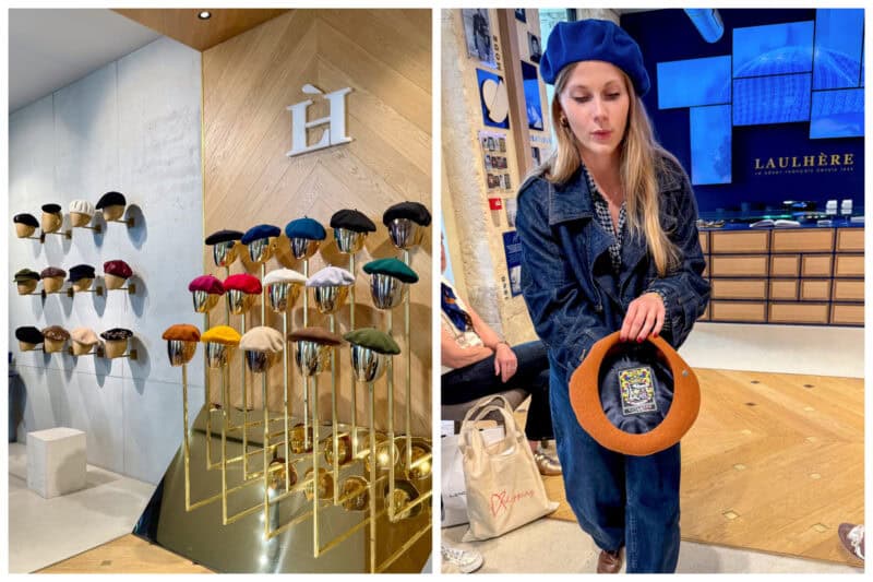 Legacy French beret maker Laulhère in Paris. Sales associate shows construction details.