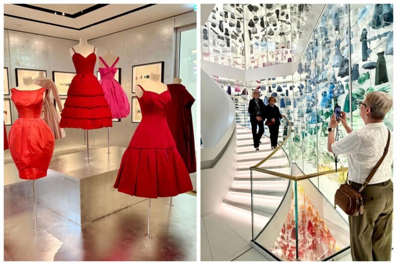 Left: Red Cristian Dior cocktail dresses at Galerie Dior. Right: taking photos on the grand spiral staircase featuring thousands of miniature designs and accessories at Galerie Dior.