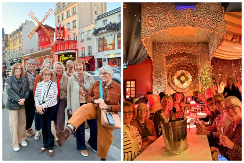 Paris Fashion Tour group stands outside Moulin Rouge, and inside at our table to see the show, with champagne!