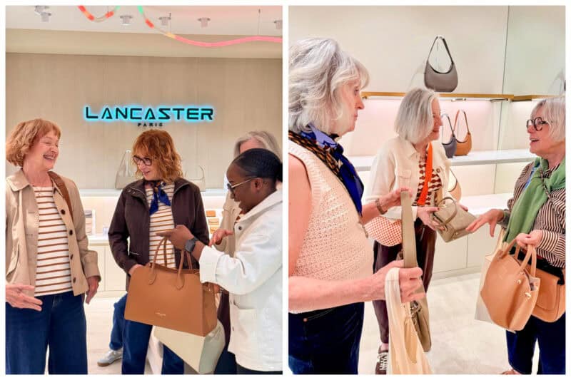 Paris Fashion Tour private shopping party at Lancaster bags in Paris.