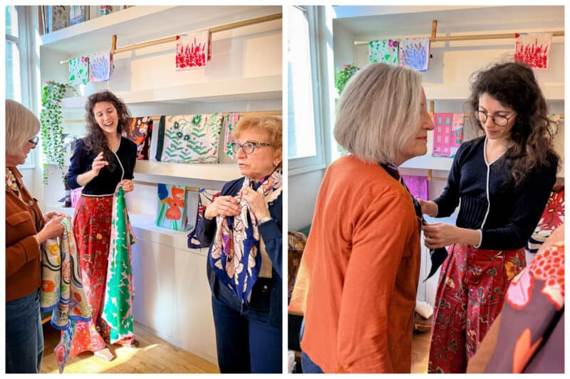 Two images from Petitjean Paris showroom. Founder Léa Petitjean explains the inspiration behind her designs, and demonstrates how to tie scarves.
