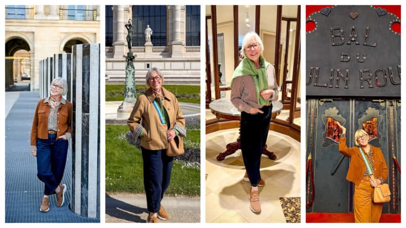 Susan B's spring travel outfits from Paris & London from 9-piece travel capsule wardrobe.
