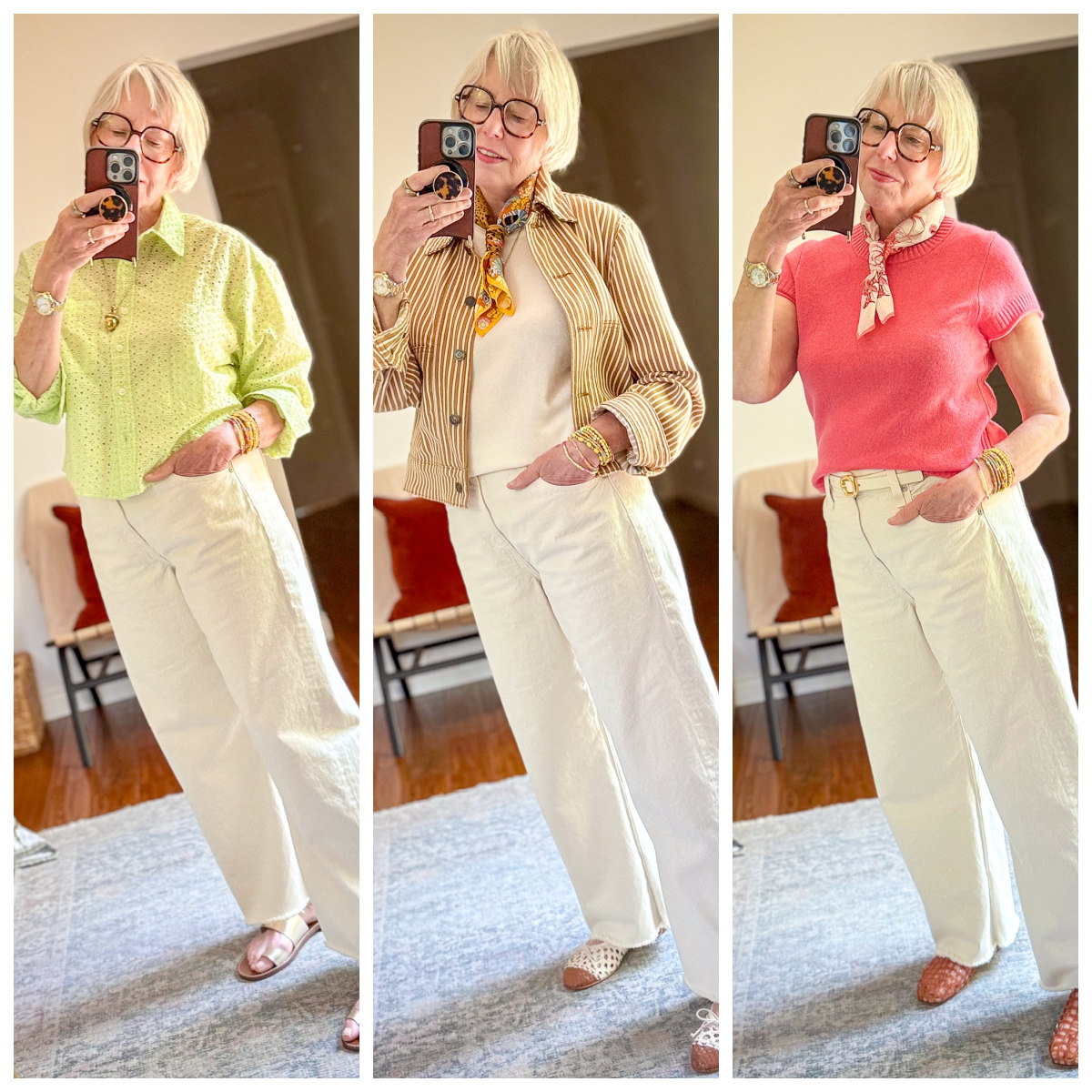 A collage of three mirror selfie outfits all styled with wide-leg off-white jeans: left, a lime green eyelet button-down shirt with gold flat sandals and stacked bracelets; center, a mustard striped cropped jacket over a cream shell with a printed neck scarf and eyelet cap-toe flats; right, a coral pink short-sleeve sweater with a pink neck scarf, gold-buckle belt, and pink woven flats.