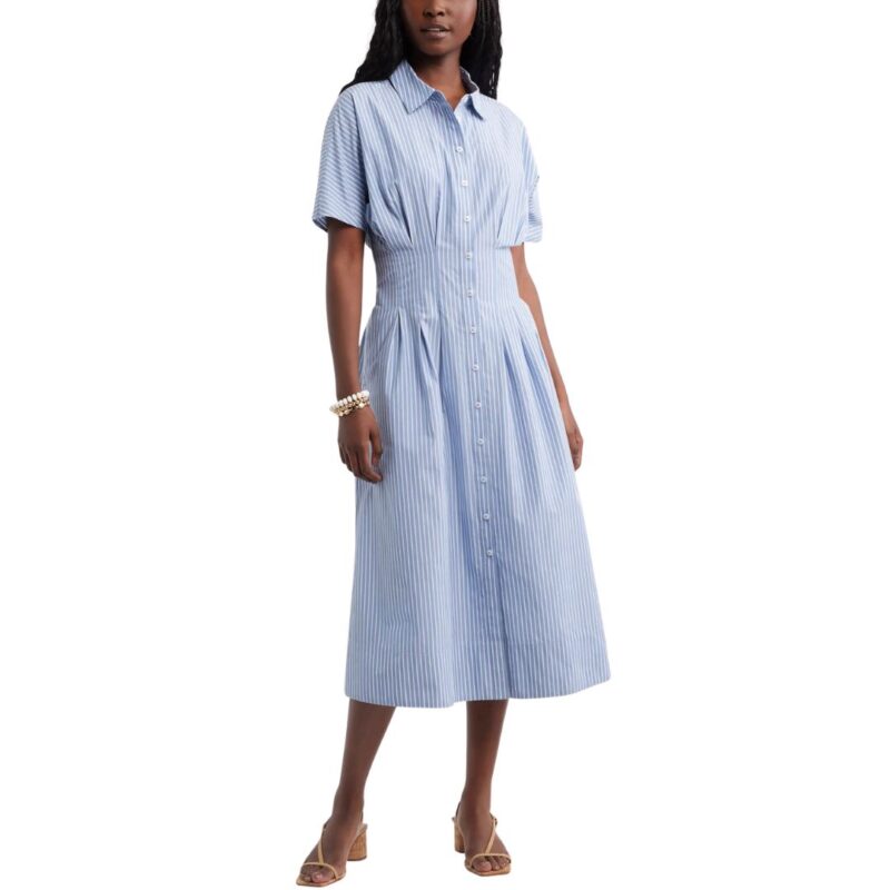 Caslon striped cotton dress with pleats and shaped waist.