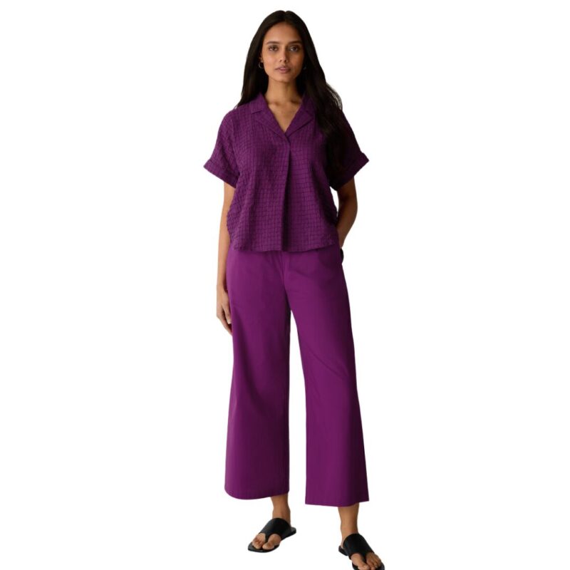 Eileen Fisher cotton voile textured top and cotton poplin pants in color "Berry Bloom."