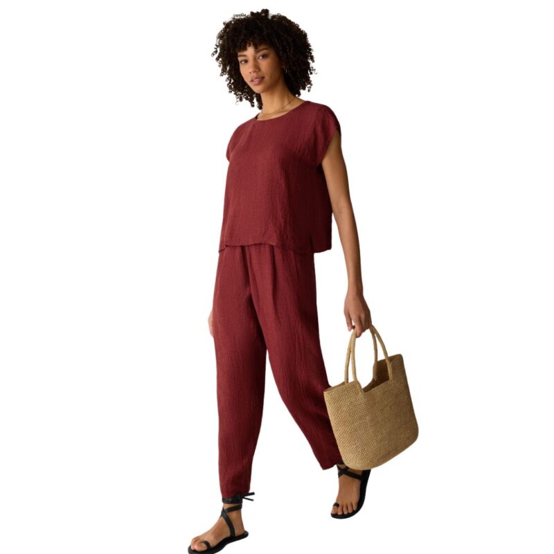 Eileen Fisher puckered organic linen boxy top and lantern pants in color Sun Dried Tomato