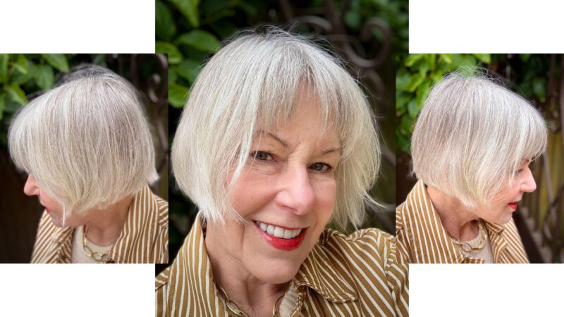Silver-grey French bob haircut for fine hair — back, front, and side views to show your stylist.