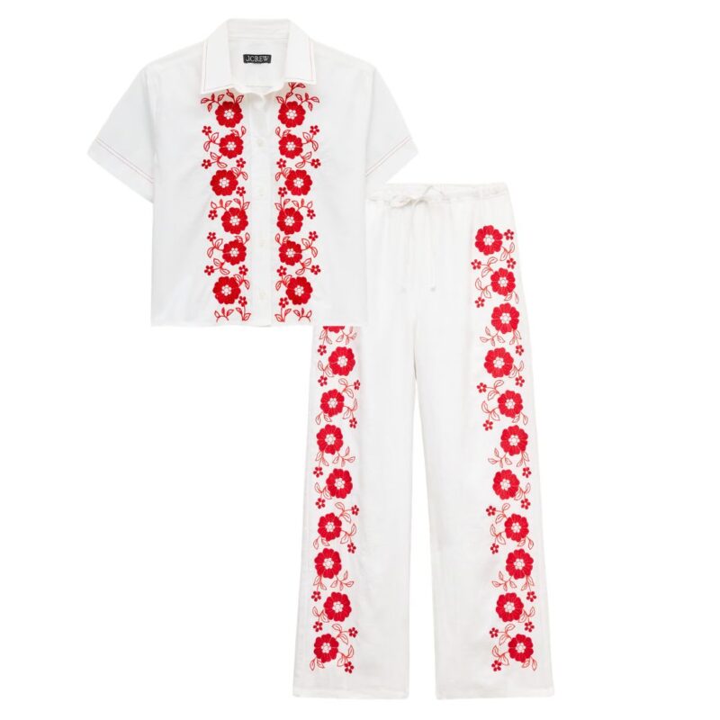 J.Crew embroidered top and pants set, white with red floral embroidery.